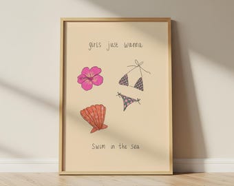 Girls Just Wanna Swim In The Sea Print, Summer Beach Wall Art, Coastal Art Decor