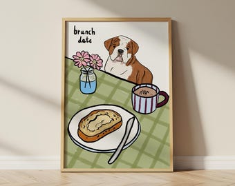Brunch Date Dog Art Print | Modern Kitchen Cafe Decor | Personalised Dog Illustration | Bulldog Drawing
