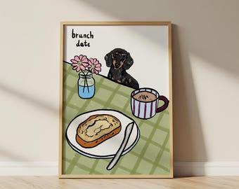 Brunch Date Dog Art Print | Kitchen Cafe Decor | Personalised Dog Illustration | Dachshund Gift Ideas