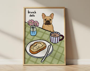 Brunch Date Dog Art Print | Modern Kitchen Cafe Decor | Personalised Dog Illustration | French Bulldog Drawing