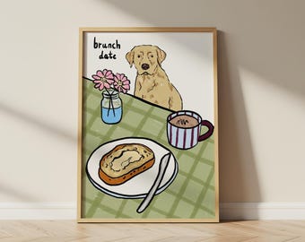Brunch Date Dog Art Print | Kitchen Cafe Decor | Personalised Dog Illustration | Labrador Gift Ideas