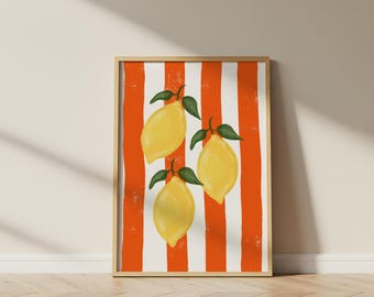 Lemon Print, Colourful Wall Art, Kitchen Foodie Decor, Lemon Trendy Hand Drawn Illustration