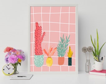 Funky house plant illustration print | pink background | botanical print | plant poster l A5 and A4 | plant lover postcard