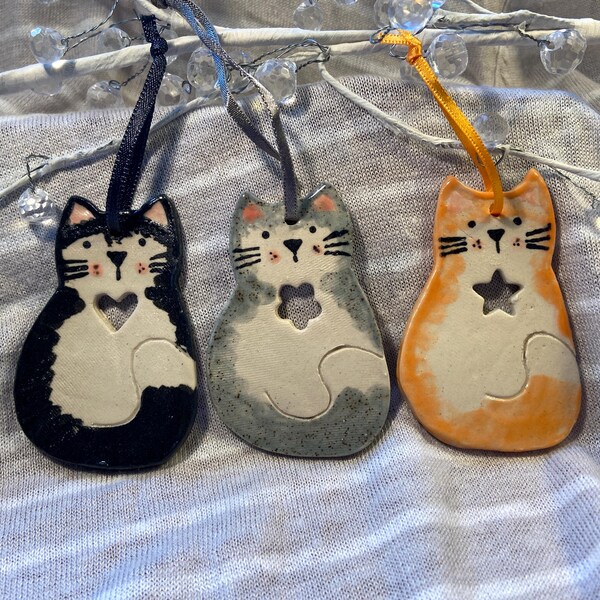 Ceramic black, ginger or grey cat hanging decorations with heart, flower or star details