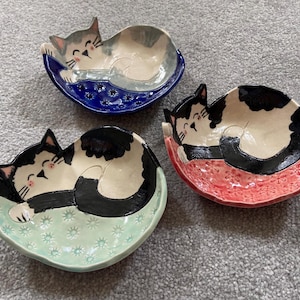 May include: Three ceramic cat-shaped bowls. Each bowl features a sleeping cat design in black, white, and grey, resting on a bed of colour. The bowls are in blue, red, and green with floral patterns.