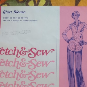 70s Shirt Blouse with large collar by Stretch & Sew - Vintage Blouse Pattern for double knit fabric with groovy collar - Long collar shirt