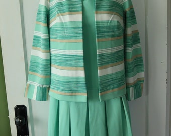 1970s Mint Green Sleeveless Knit Dress and Jacket - 2-piece dropped waist dress with jacket - Vintage Double Knit Dress by Mongomery Ward