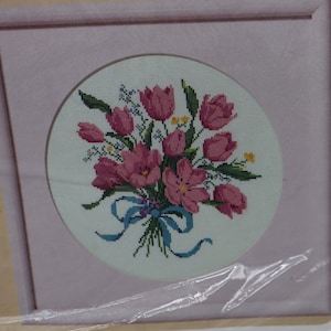 Tulip Bouquet Counted Cross Stitch Kit - Vintage Pink Flowers Counted Cross Stitch Kit - Pink Tulips Cross Stitch Kit
