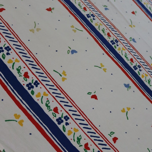 Flowers and Stripes Cotton Tablecloth in Primary Colors