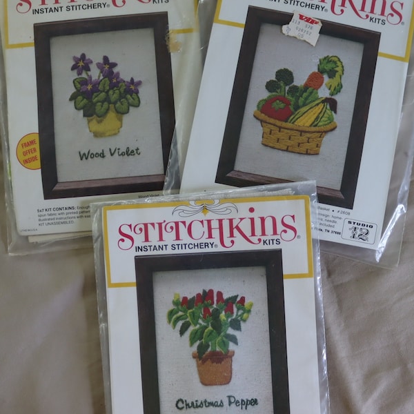 Quick Crewel Embroidery Kits - Violets, Christmas Pepper, Vegetable Basket Embroidery Kits by Stitchkins from 1970s