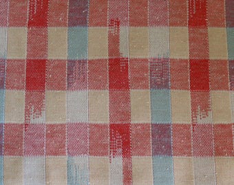 Tejido de punto doble a cuadros coral, melocotón y aguamarina de los años 70 - Tejido de punto doble de poliéster a cuadros pastel vintage para ropa retro o patchwork