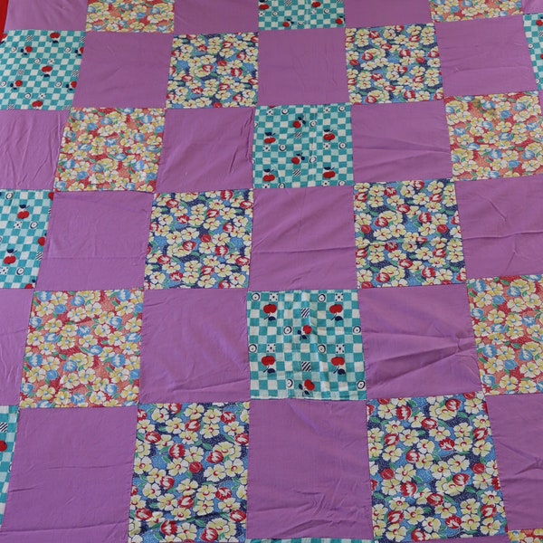 1930s/1940s Feed Sack / Flour Sack Patchwork Quilt Top - Vintage Purple and Feed sack Handsewn Vintage Quilt Top