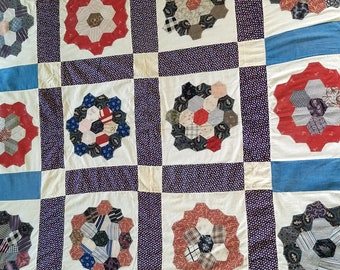 Vintage Flower Garden Quilt Top - Patchwork Hexagon Quilt Top - Antique Flower Garden Quilt Top