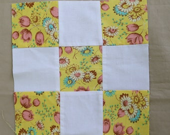 10 Nine Patch Quilt Blocks in Yellow, Pink, Aqua Daisy Print