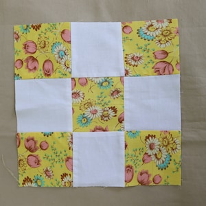 10 Nine Patch Quilt Blocks in Yellow, Pink, Aqua Daisy Print - Yellow Daisy Patchwork Quilt Blocks - Pretty Yellow and White Quilt Blocks