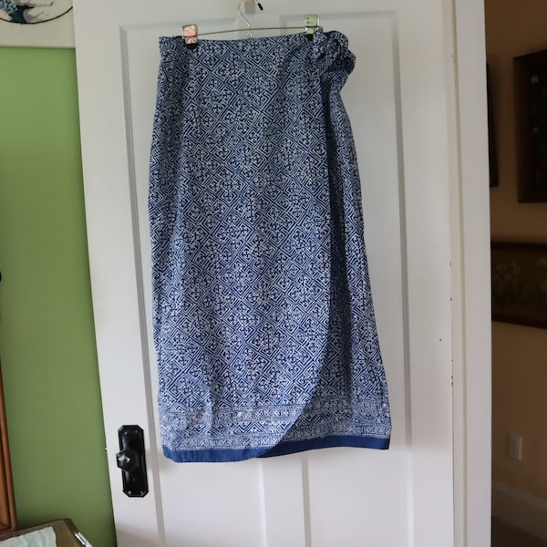 Blue Print Wrap Skirt  - Long Cotton Wrap Skirt Perfect for Summer or the Beach - Size large/extra large