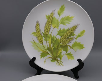 3 Green and Gold Melamine Dinner Plates with Wheat and Oak Leaves - Vintage Malamine Wheat Plates from 60s or 70s