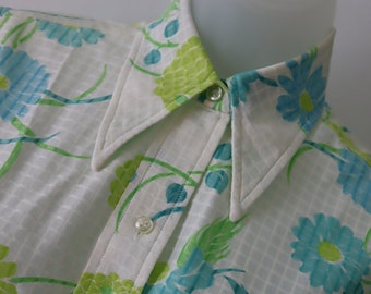 60s/70s Long Collar blouse with lime green and aqua flowers - Vintage Aqua and Green Polyester Top - Groovy Bright Knit Blouse