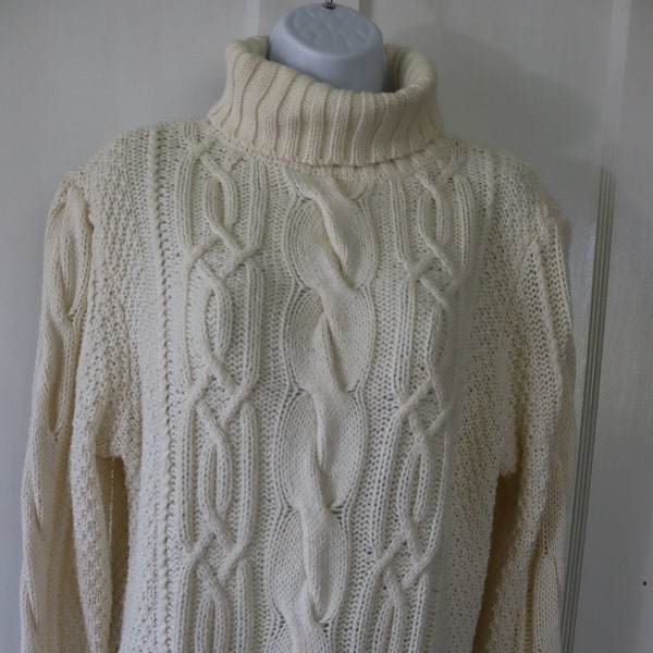 Vintage Ivory Cable Knit Cotton/Ramie Sweater - Irish-style Cable-Knit Sweater - Cotton/Ramie Fisherman's Sweater with Turtleneck