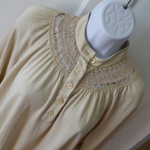 70s Beige Knit Pullover Top with Macrame-style neckline and cuffs - Groovy Beige No-Tuck Knit Top - Vintage Boho Knit Pullover Blouse