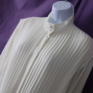 Ivory Silky Pleated Front Blouse - Long Sleeve, Pleated Front Blouse with High Collar for Suits or Office