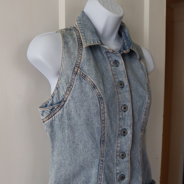 80s Straight Button Front Denim Dress by Alain Toussaint - Vintage Sleeveless Denim Dress with Fishtail hem in back