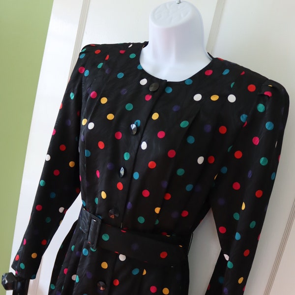 1980s/1990s Black Silky Straight Dress with Belt  -  Vintage Straight Black Dress with Bright Polka Dots