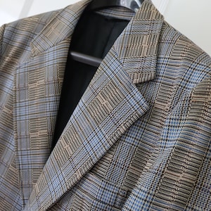 70S Men’s Wide Lapel Sports Coat /Blazer -Vintage Blue, Tan, Brown Plaid Double knit Jacket with Wide Lapel size 42 chest -Groovy 70s Blazer
