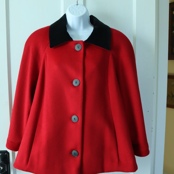 Vintage 80s/90s Red Wool Coat with Black Velvet - Red Short Swing Coat with 3/4 length sleeves - Made in the USA size large