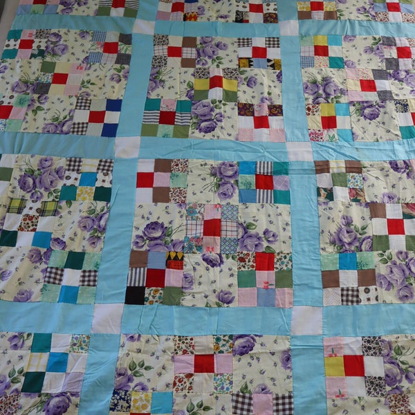 Vintage Patchwork Quilt Top with Purple Roses and Turquoise Sashing - Hand-sewn Nine Patch Scrap Quilt Top