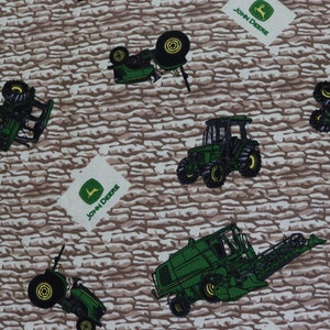 1/2 yard John Deere Fabric - Green Tractors and Combines on Rock Wall Background - John Deere Tractor Farm Fabric