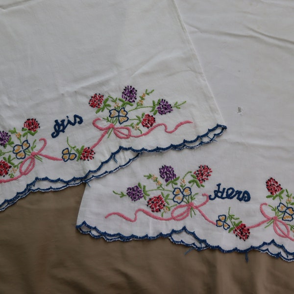 His & Hers hand embroidered pillowcase set with floral bouqets