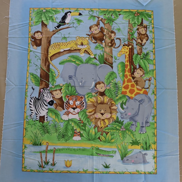 Cute Jungle Animal Fabric Panel for Baby Quilt or Wall Hanging-Jungle Animal Fabric with tiger, lion, zebra, crocodile, hippo, rhino, monkey