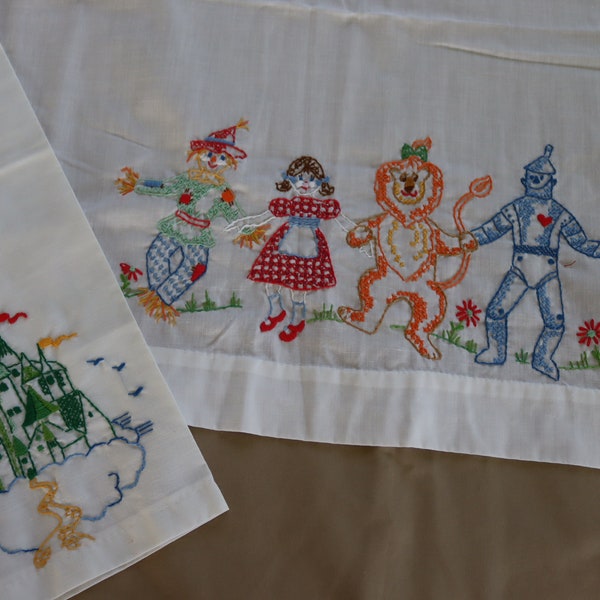 Wizard of Oz Hand Embroidered Baby Crib Sheet and Pillowcase - Baby gift or Wizard of Oz Embroidery to Upcycle