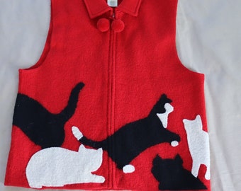 Red Wool Vest with Cats - Cat Lover Vest - Red Boiled Wool Vest with Black and White Cats Kittens - Gift for Cat Lover or Cat Collector