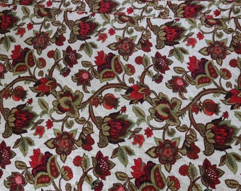 Vintage Jacobean Print Quilted Bedspread and Matching Curtains - Dark Red and Green on Natural Background