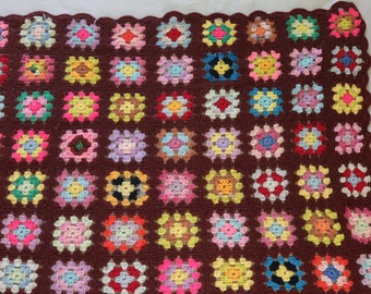 Vintage Crochet Granny Square Afghan- Bright Colors and Brown Granny Square Throw - Retro Afghan for cottage core, boho, farmhouse decor