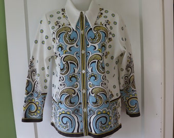 60s/70s Groovy Blue and Yellow Paisley Button-Up Blouse in Double Knit