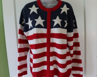 Patriotic USA Flag Cotton Sweater - Pull rouge, blanc, bleu pour le 4 juillet - Jour de l'Indépendance, Jour des anciens combattants, Memorial Day