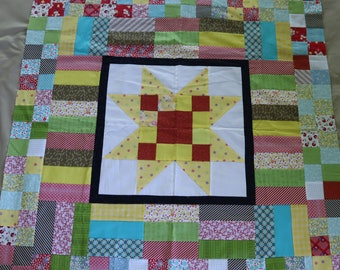 8 Point Star Patchwork Quilt Top-Small Patchwork Quilt Wall Hanging to finish-Bright Calico Star Quilt Top for Cottage Core Farmhouse Decor