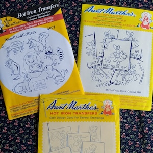 Cross Stitch Animals, Cats, Sunbonnet Sue -Set of 3 Iron-on Embroidery Patterns Aunt Martha - Vintage Embroidery Iron On Patterns