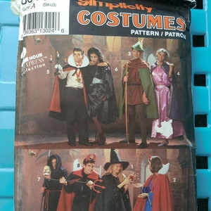 May include: Simplicity Costumes pattern featuring various Halloween costume designs. The cover shows images of people dressed as a vampire, witch, devil, and other characters. The pattern includes sizes SM-LG.