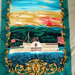 Vintage Barkcloth River Queen Steamboat Fabric Panel by Wesco-Reltex - Scenic River Fabric - Scenic Barkcloth Fabric