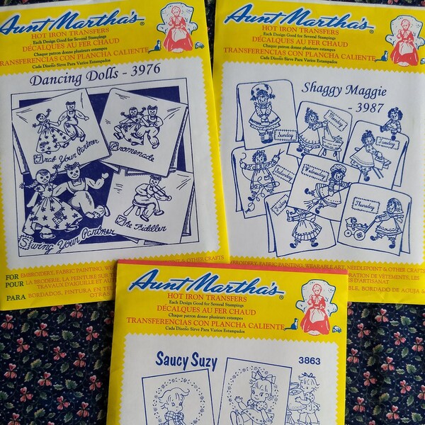 Raggedy Ann, Rag Dolls, and Saucy Suzy Iron-on Embroidery Patterns by Aunt Martha's - Set of 3