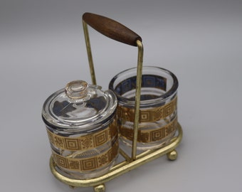 Vintage 50s/60s Condiment Set with caddy - MCM Jeanette Glass with Gold Design