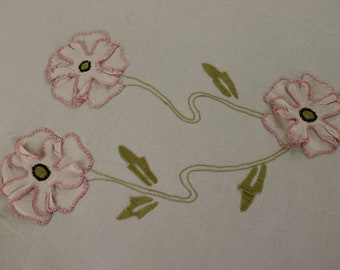 Pink Rose Embroidered and Appliqued Summer Bedspread or Quilt Top from 1930s or 1940s