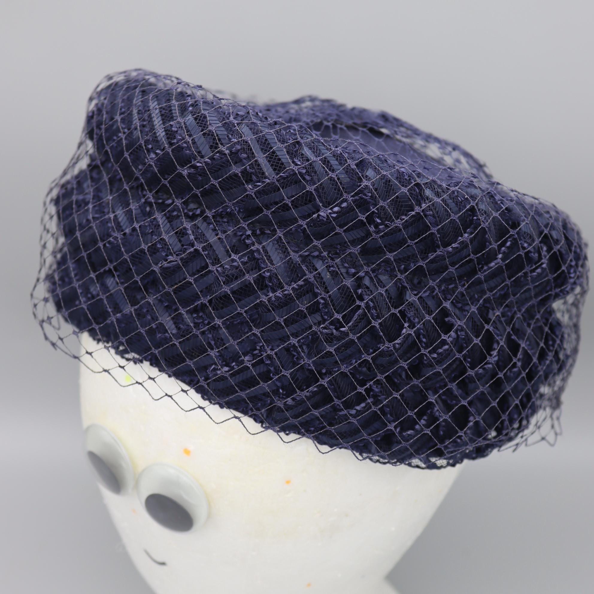 Vintage woven hat with mesh overlay and black hat box Vintage Woven Straw Hat W/ Cloth Overlay Mesh & Flowers. For  main image 2