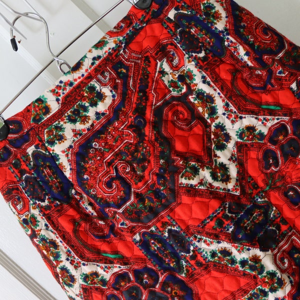 70s Bright Red Paisley Quilted Maxi Skirt by Adelaar's Aristocrat- Groovy Vintage Holiday Quilted Skirt