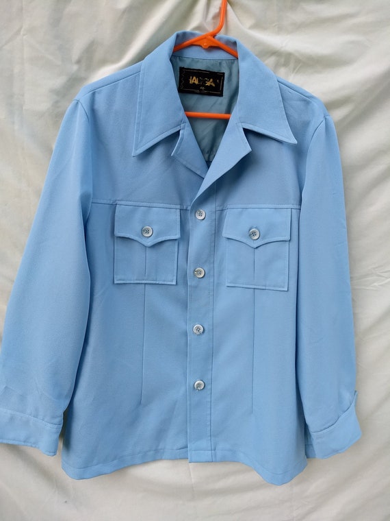Men’s 1970s Leisure Suit Jacket; light blue