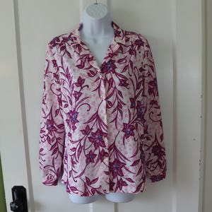 60s/70s Purple and Pink Print Blouse - Vintage Purple Double Knit Button-up Shirt - Groovy Purple Floral Long-sleeve Blouse